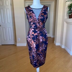 Metallic Pink and Orange Sheath Midi Dress Plunge Neckline